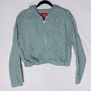 Guess Light Green Embroidered Logo Cropped Light Jacket With Hood M